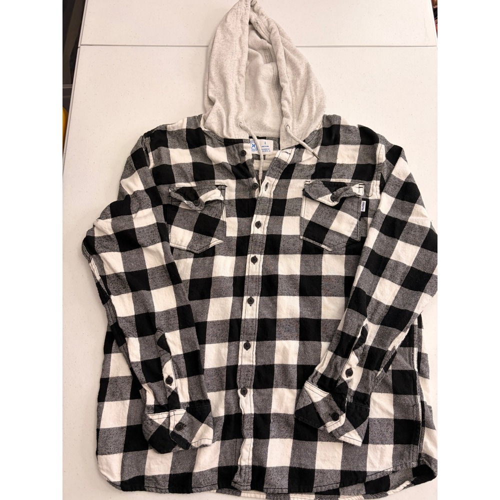Hurley Women Buffalo Plaid Hooded Flannel L Shirt Black White Checkered